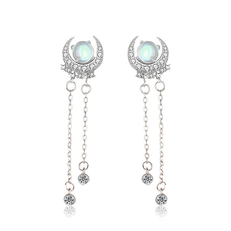S925 Sterling Silver Long Elegant Bright Moon Star Moonstone Tassel Earrings Women's High-grade Cold Style