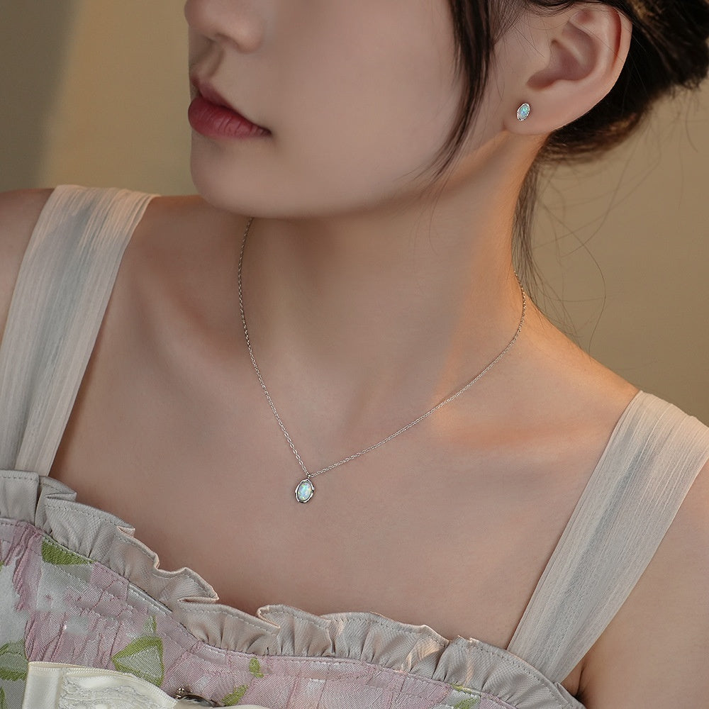 Collier en argent Sterling S925 avec pierre d'opale synthétique, Simple, assorti avec tout, pour femmes