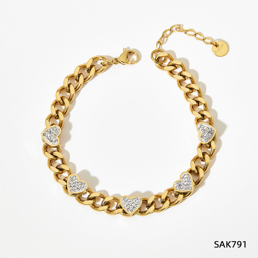 Bracelet rétro français en acier inoxydable et Zircon en forme de cœur