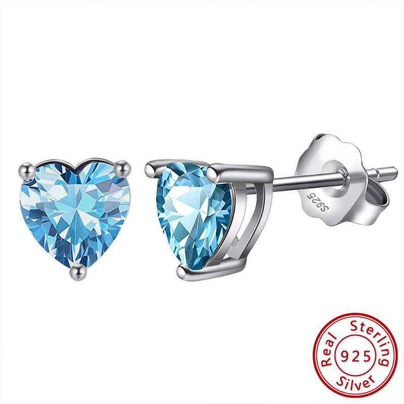 S925 Loving Heart In Sterling Silver Zircon Birthstone Stud Earrings