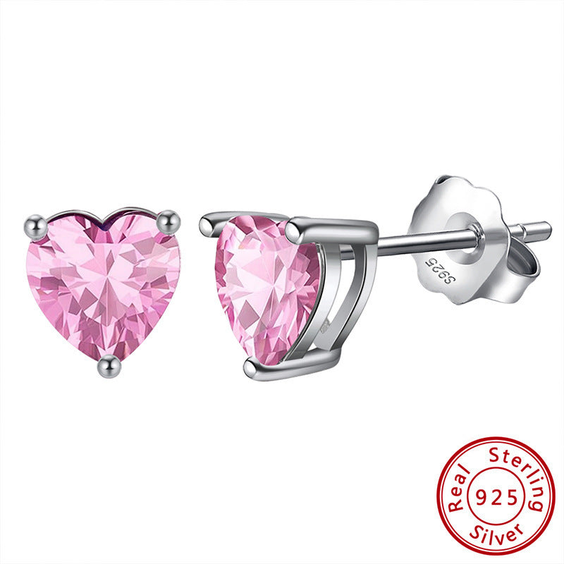 S925 Loving Heart In Sterling Silver Zircon Birthstone Stud Earrings