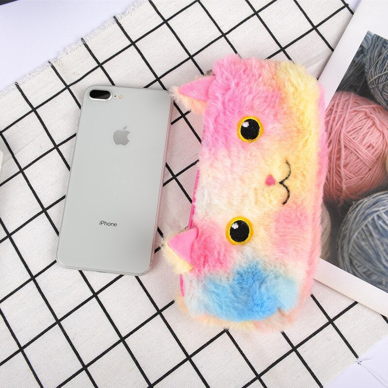 Trousse à crayons en peluche chat couleur Laser, sac de papeterie pour étudiant