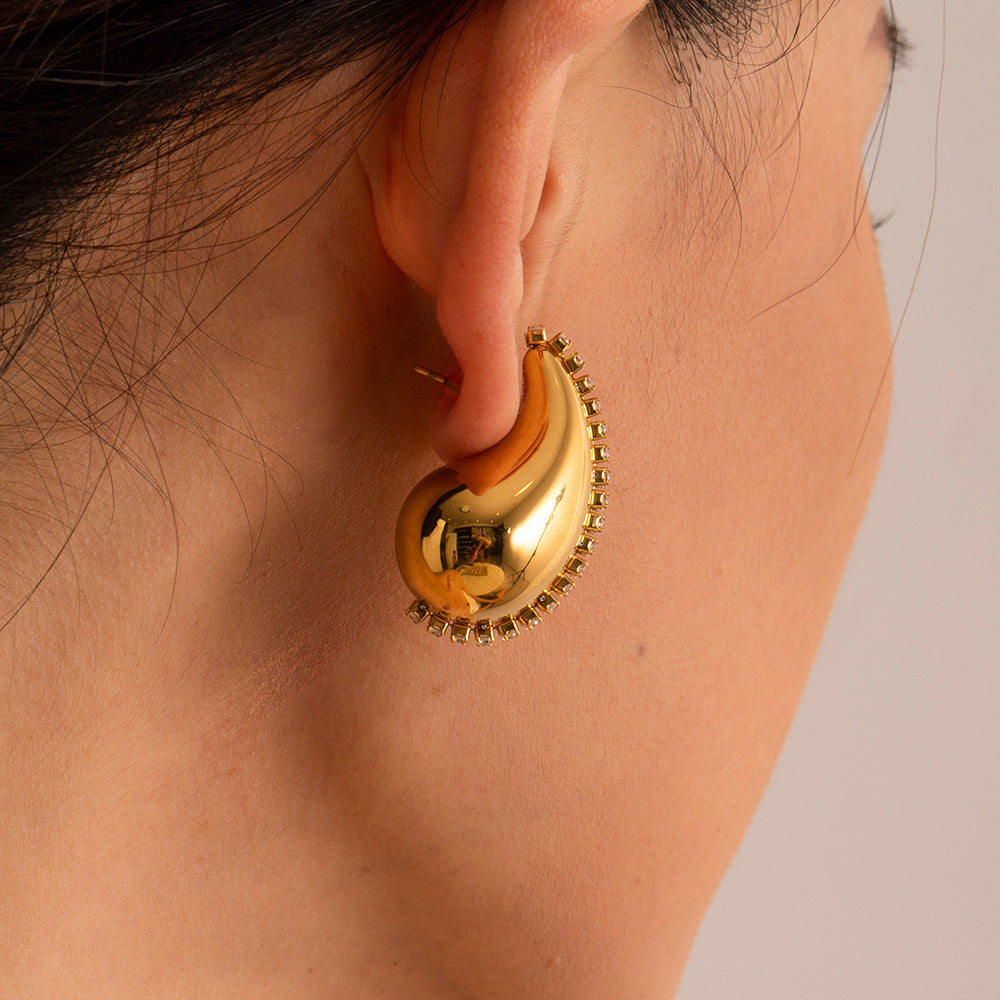 18K Gold Water Drop Titanium Steel Inlaid Zircon Earrings