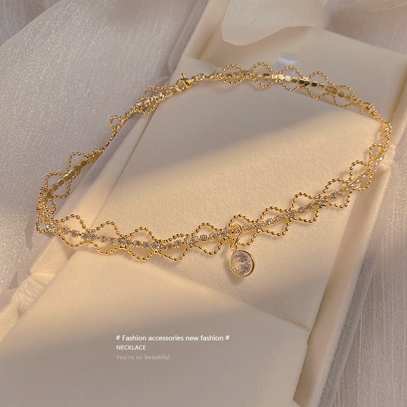 Elegante collar retro francés de circonita de doble capa para mujer