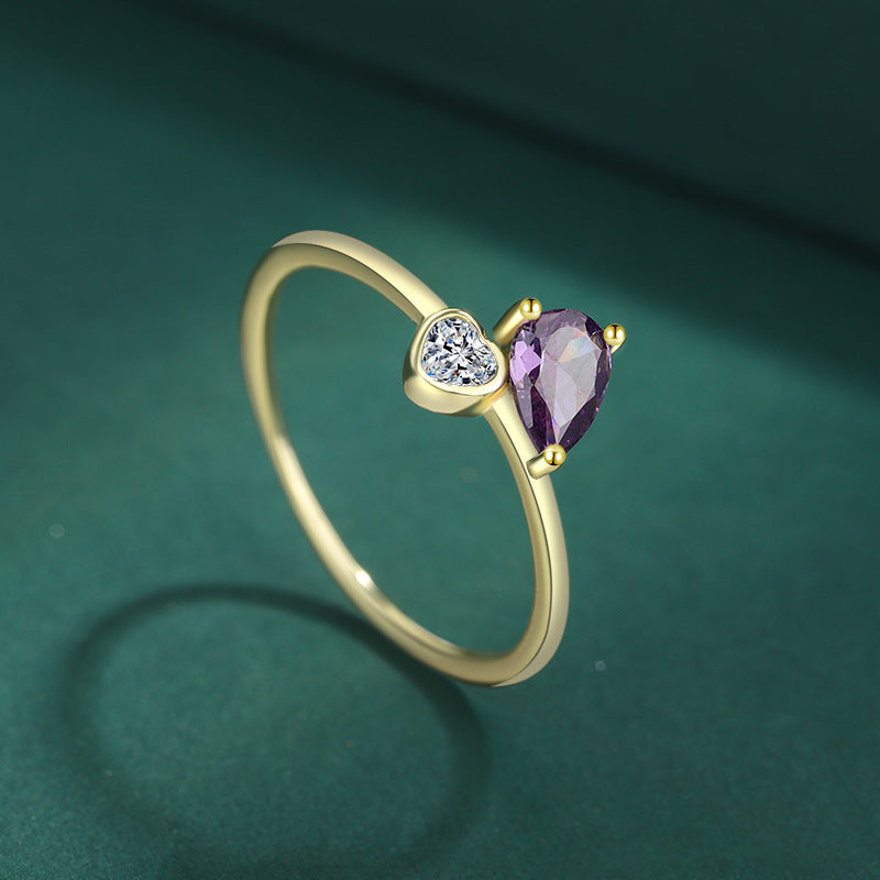 S925 Sterling Silver Plated 14K Gold Ring Purple Gem Peach Heart