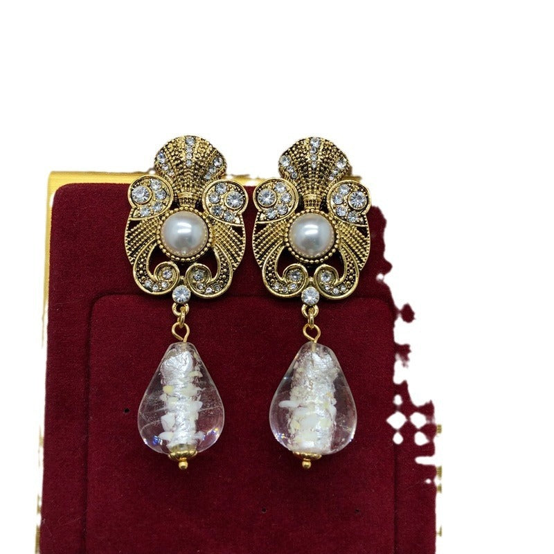 Retro Distressed Design Sense Earrings Rhinestone Pearl Earrings