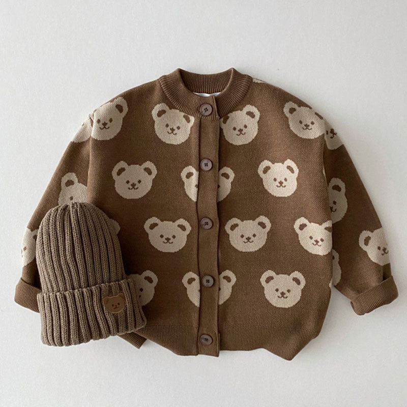 Moda infantil oso suéter abrigo moda lindo dibujos animados cuello redondo