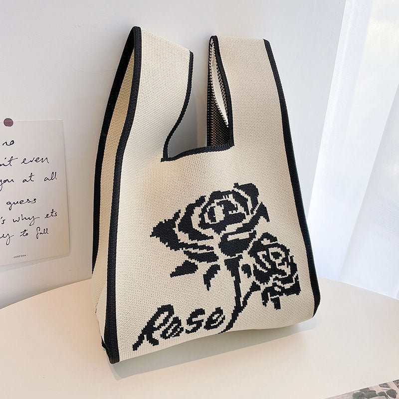 Sac à main de shopping tricoté en damier rayé de couleur contrastée