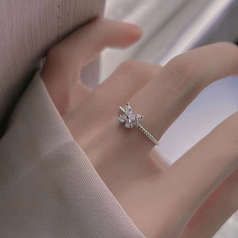 S925 Sterling Silver With Shiny Diamond Butterfly Ring Female Cold Style Light Luxury Minority High-grade All-match Diamond Ring