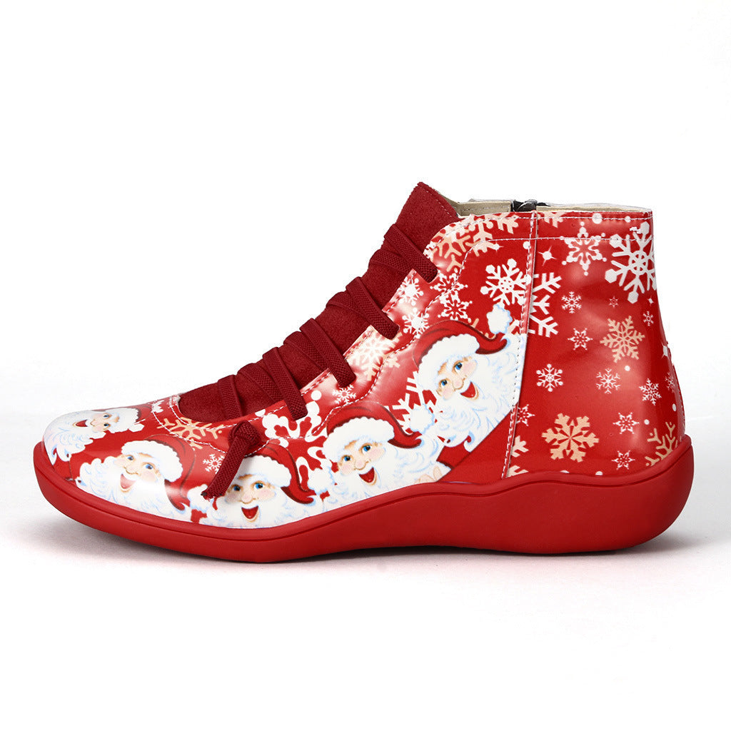 Bottines de noël pour femmes, chaussures plates décontractées avec imprimé de flocon de neige, fermeture éclair latérale, bottes courtes