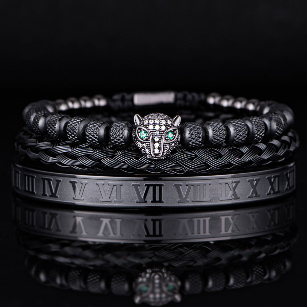 Pulsera romana de perlas de piña de malla con conjunto de cabeza de leopardo