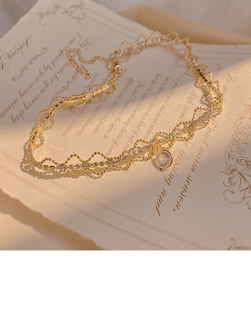 Elegante collar retro francés de circonita de doble capa para mujer