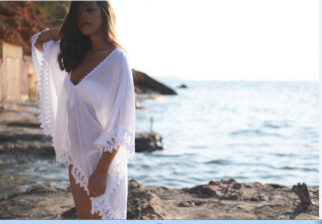 Chemisier blanc en dentelle de bikini de plage de couleur unie à la mode