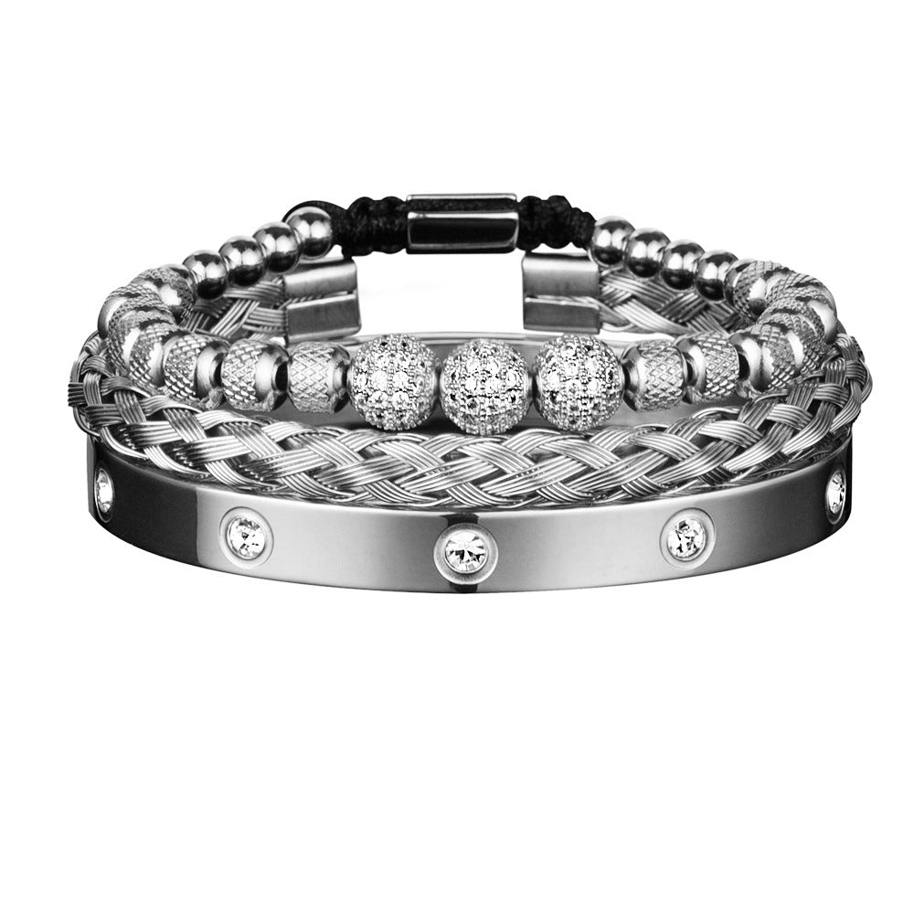 Bracelet en maille d'acier inoxydable, 3 boules de strass, dix diamants