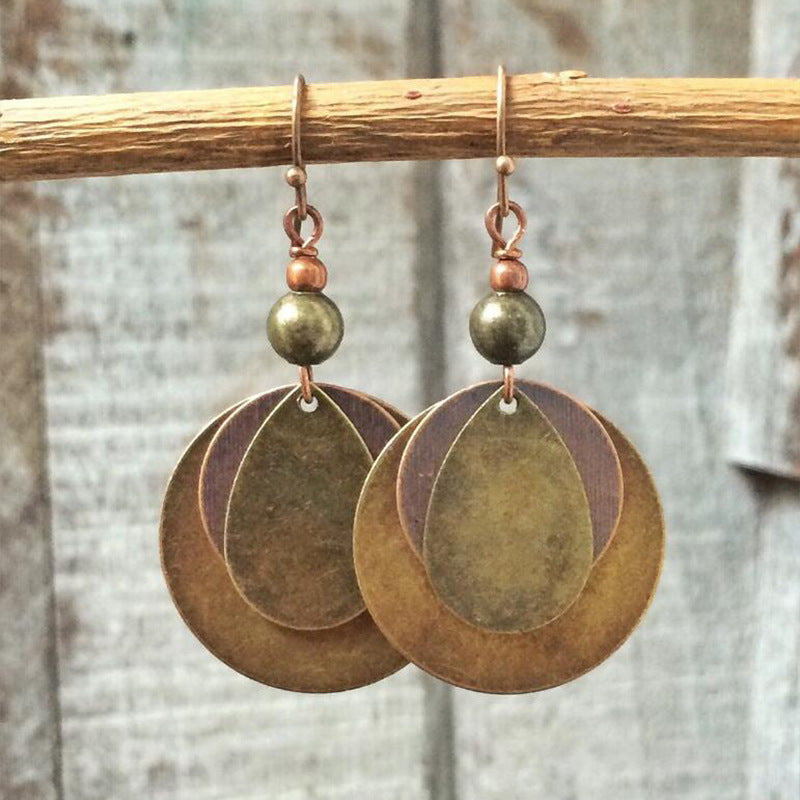 Bohemian Retro Ethnic Style Ornament Distressed Bronze Circle Multi-layer Earrings