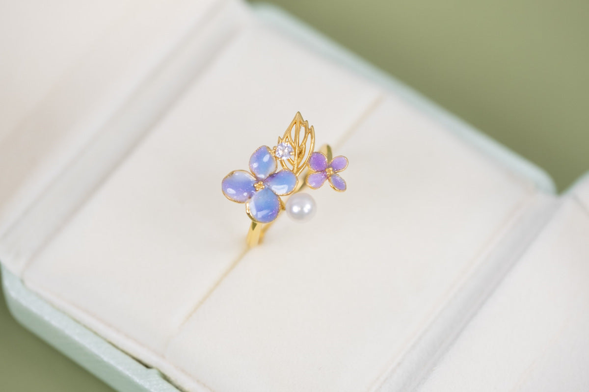 S925 Freshwater Pearl Enamel Hydrangea Ring