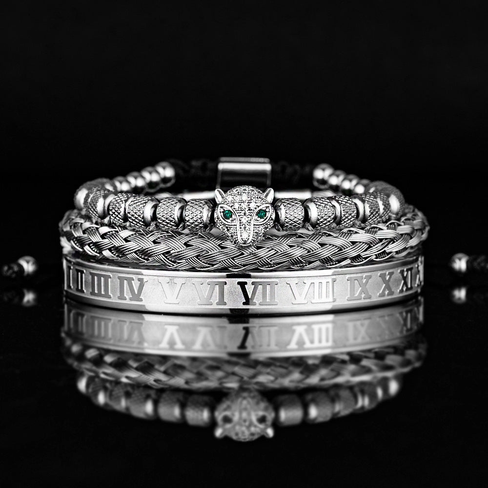 Pulsera romana de perlas de piña de malla con conjunto de cabeza de leopardo