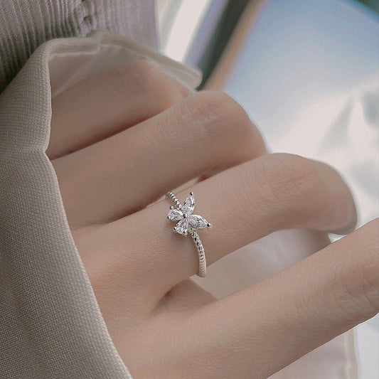 S925 Sterling Silver With Shiny Diamond Butterfly Ring Female Cold Style Light Luxury Minority High-grade All-match Diamond Ring