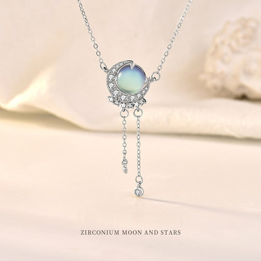 S925 argent Sterling Zirconium lune étoile pierre de lune collier gland