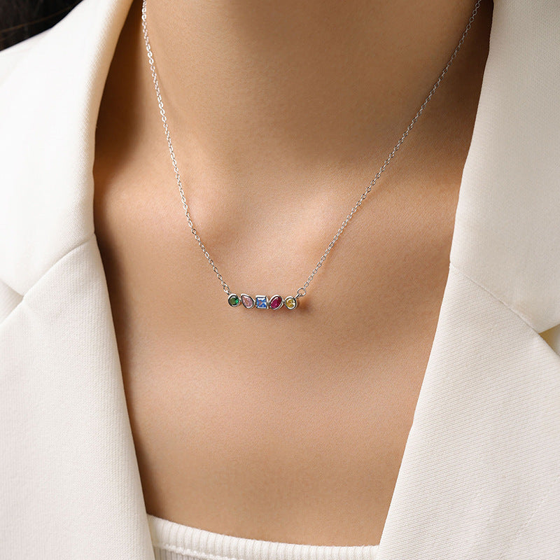S925 Silver Rainbow Zircon Geometric Design Square Necklace Earrings