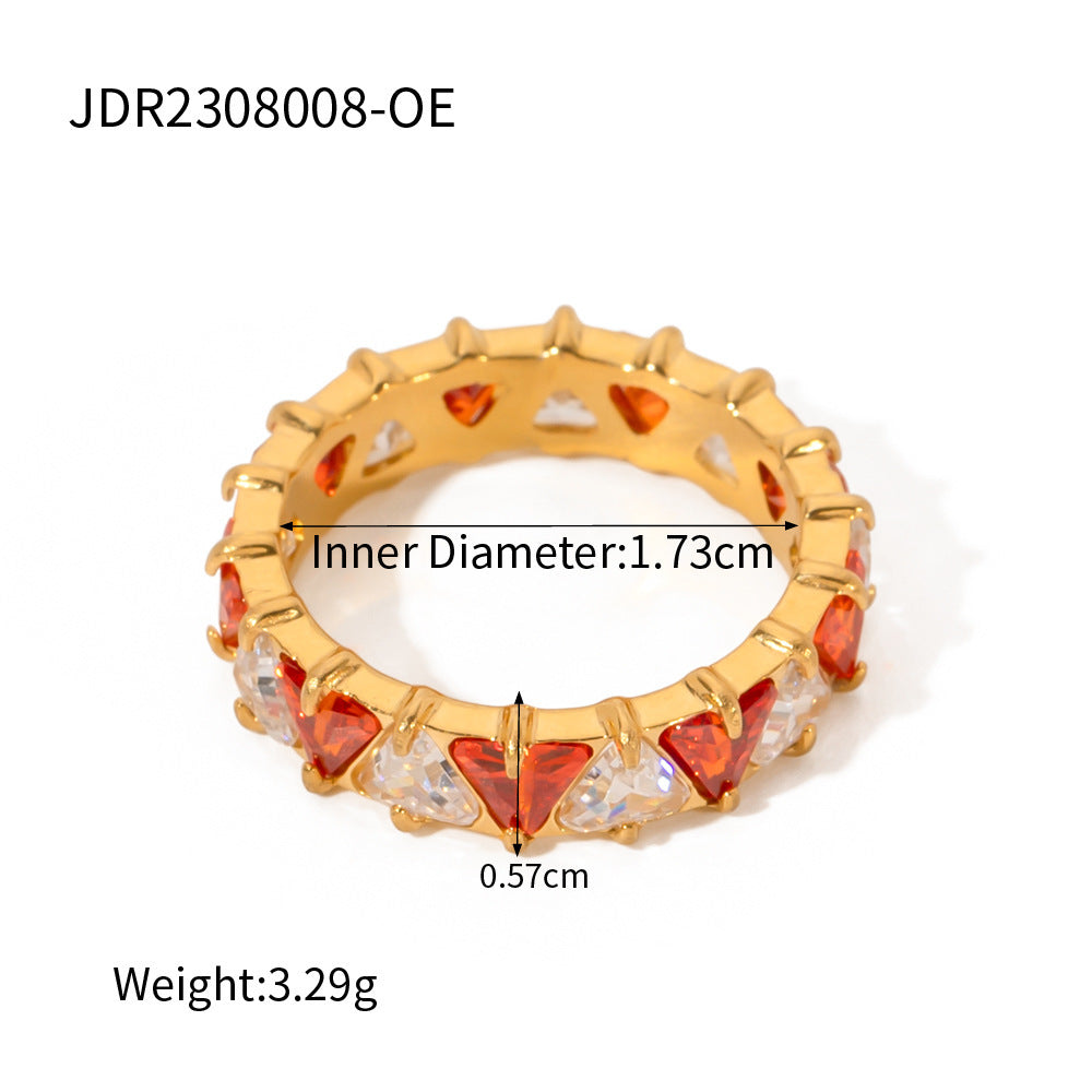 European And American Ins Style 18K Gold Stainless Steel Inlaid Triangle Zircon Ring