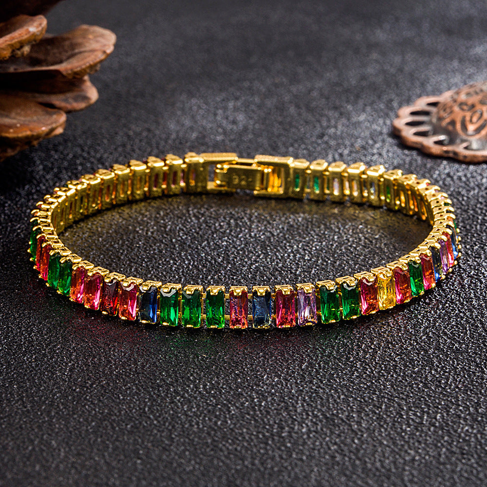 Bracelet en Zircon de couleur européenne et américaine, plein de diamants, Tennis en cristal réglable