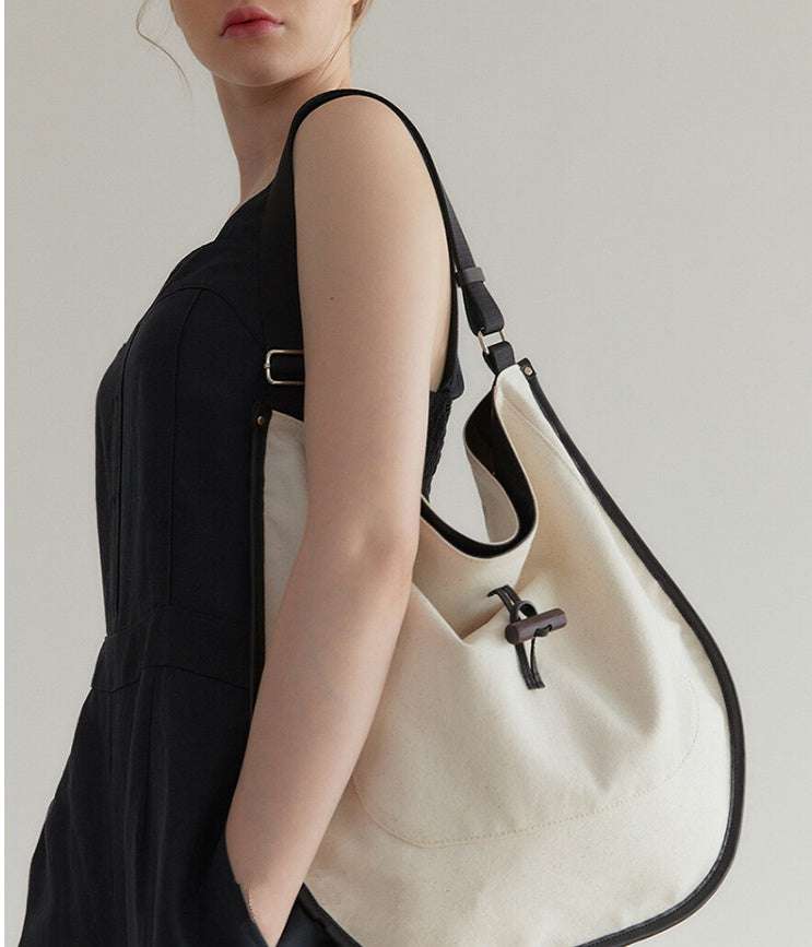 Contrast Color Texture Drawstring Tote Large Capacity Canvas Stitching Leather Simple Bag