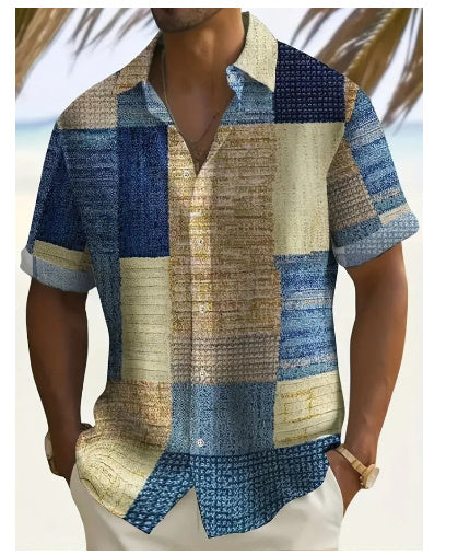 Summer New Men's Striped Feather Casual Beach Short Sleeve Button Shirt