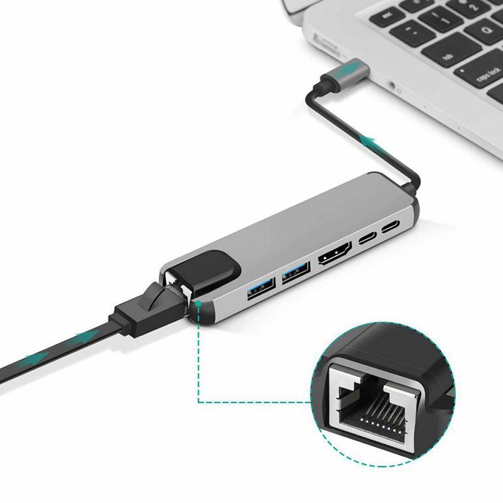 Type C vers HDMI + USB3.0 + PD 6 en 1 adaptateur de carte réseau Hub Rj45