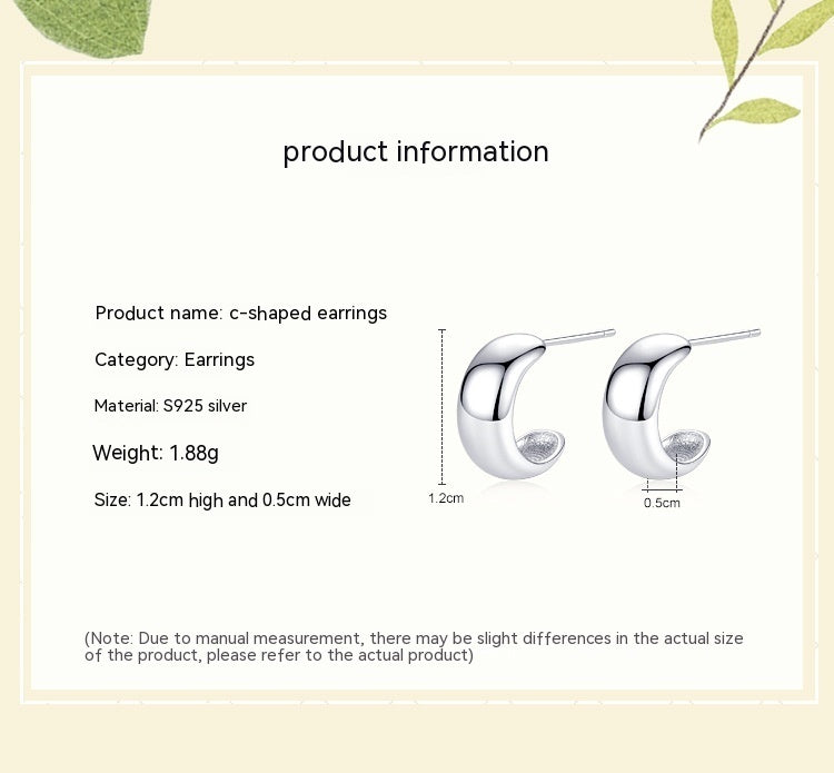 S925 Sterling Silver Glossy C- Shaped Stud Earrings For Women Japanese And Korean Simple Earrings