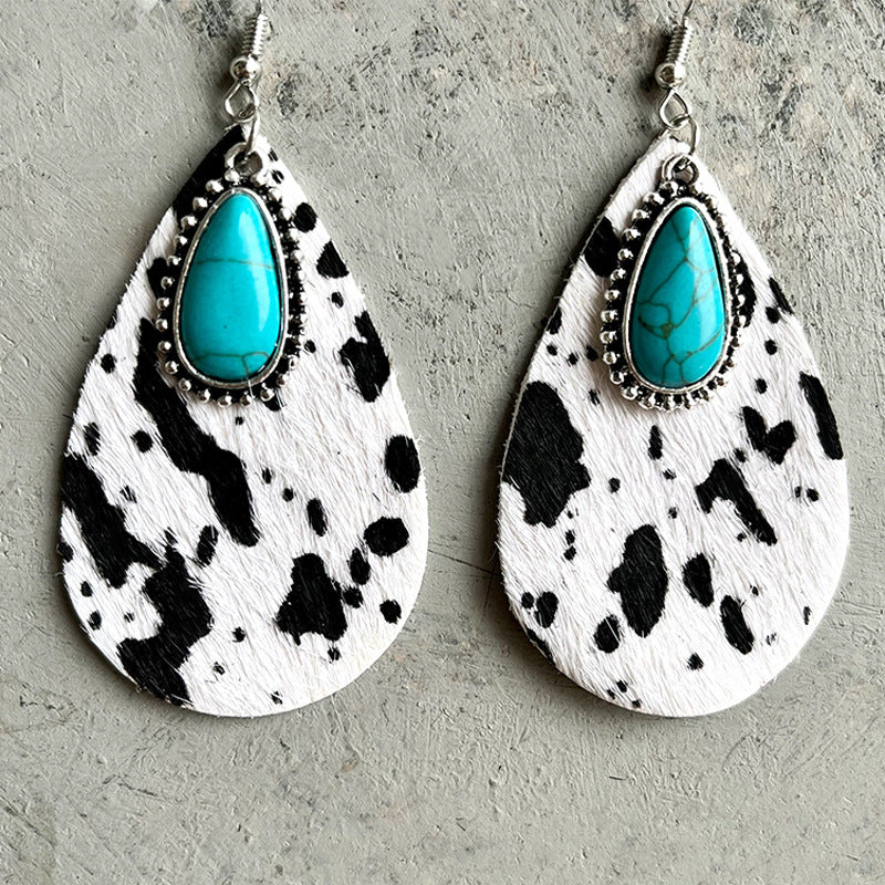 Western Animal Grain Cowhide Water Drop Turquoise Metal Leopard Print Earrings
