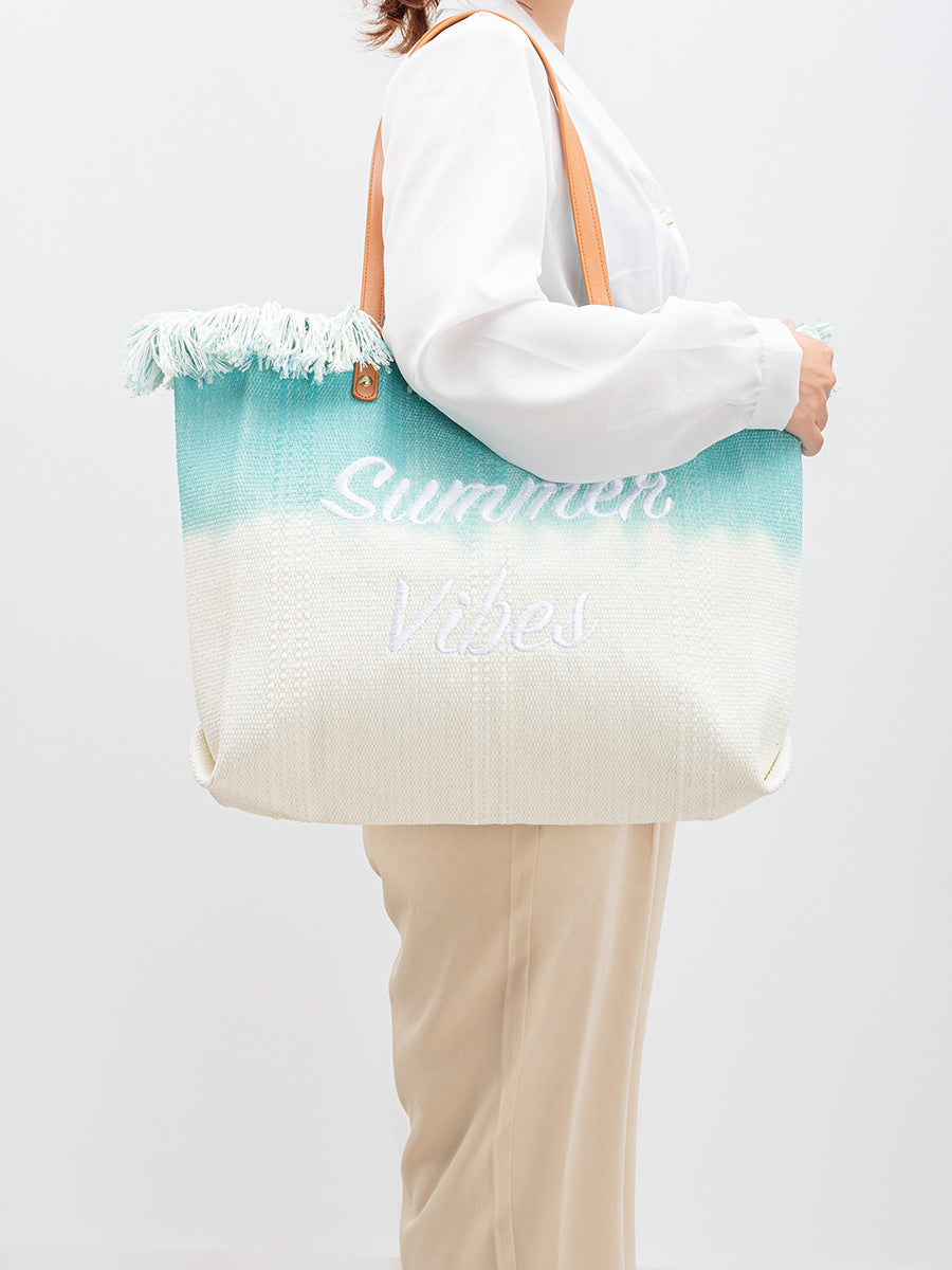 Sac fourre-tout brodé en toile avec pompon, sac magnétique sous les bras, été