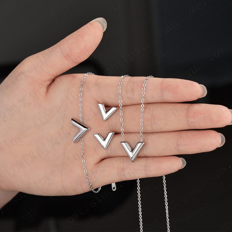 Collier Simple en forme de V en acier inoxydable, Bracelet, clous d'oreilles, costume