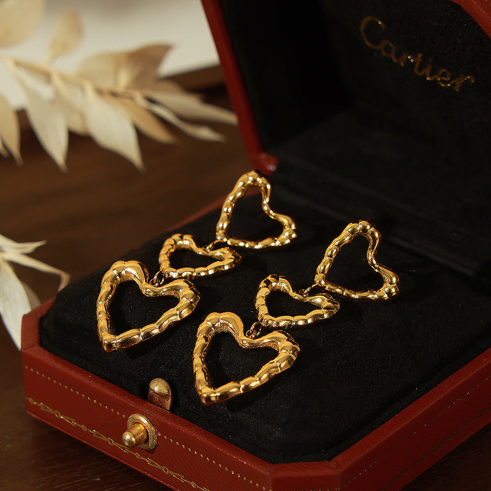 Boucles d'oreilles cœur de pêche de haute qualité, en acier titane plaqué or, Design irrégulier rétro minoritaire