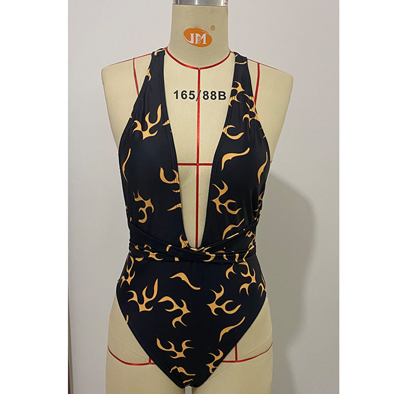 Maillot de bain bikini imprimé flamme à rayures pour femme