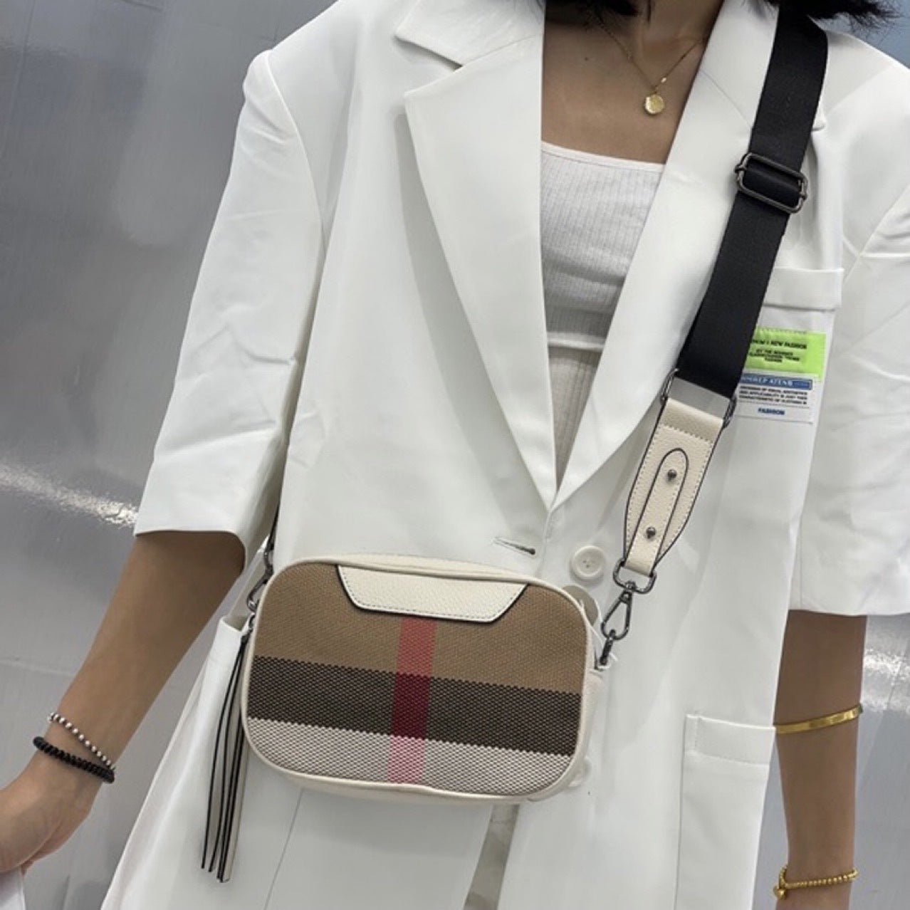 Sac à carreaux en toile polyvalent à bandoulière diagonale