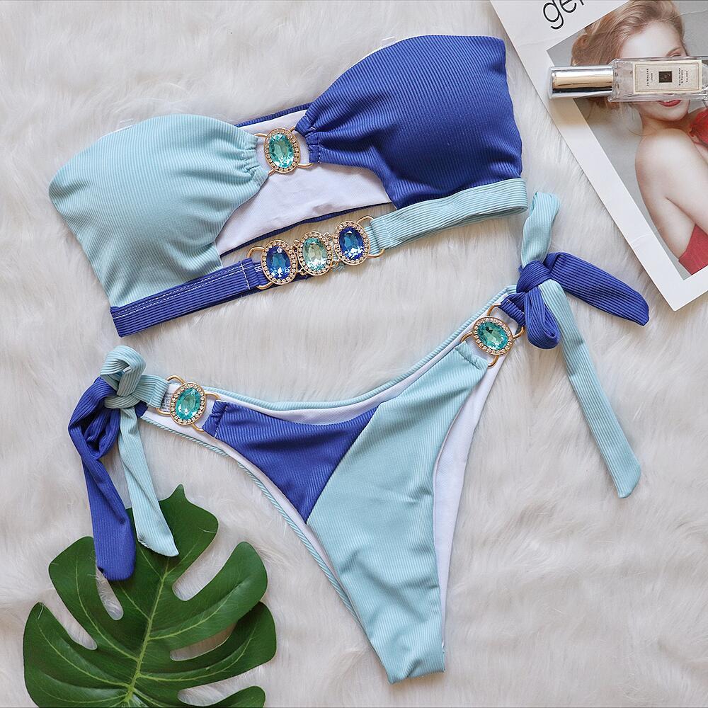 Bikini de diamantes de cristal sexy, traje de baño dividido con almohadilla en el pecho desmontable, empalme con correa en el pecho