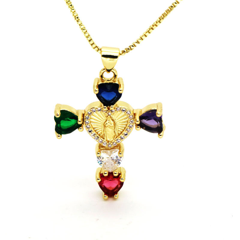 Collar con colgante de la Virgen María del amor de la cruz del diamante del color con incrustaciones de la moda hip-hop para las mujeres