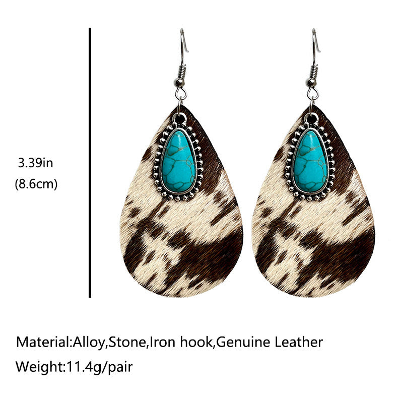 Western Animal Grain Cowhide Water Drop Turquoise Metal Leopard Print Earrings