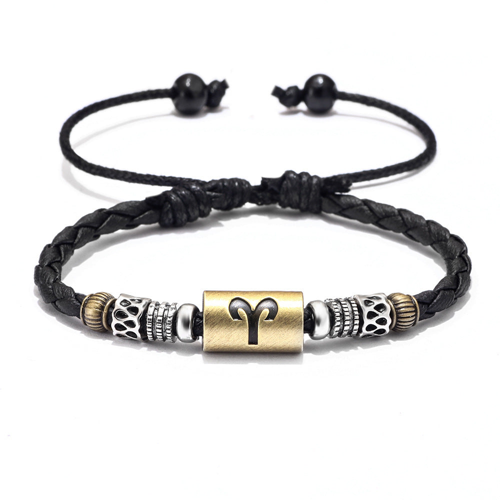 Fashion Personality Trend Twelve Constellation Symbol Leather Rope Braided Rope Bracelet