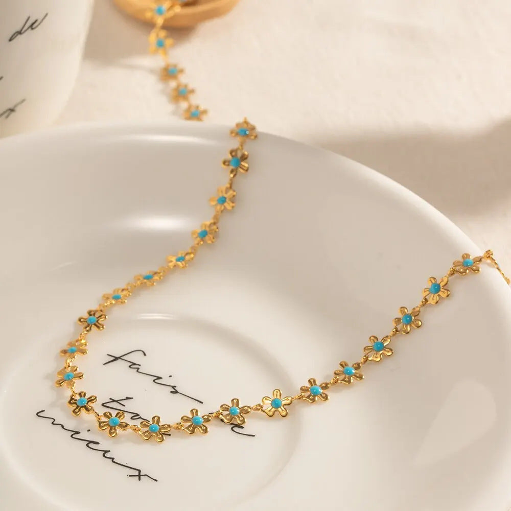 Collar Dorado Azul Con Flores Gota De Aceite Acero Titanio