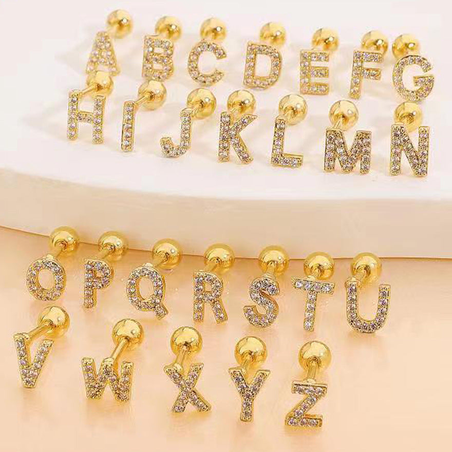 Inlaid Zircon 26 English Letters Ear Bone Stud Retro Personality Alloy Letter Thread Stud Earrings Ear Piercing