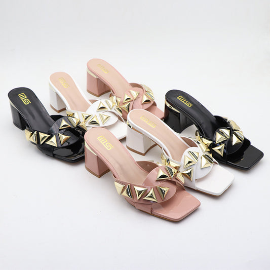 Temporada Zapatos altos con punta abierta Tacón grueso Sandalias al aire libre simples para mujer a juego