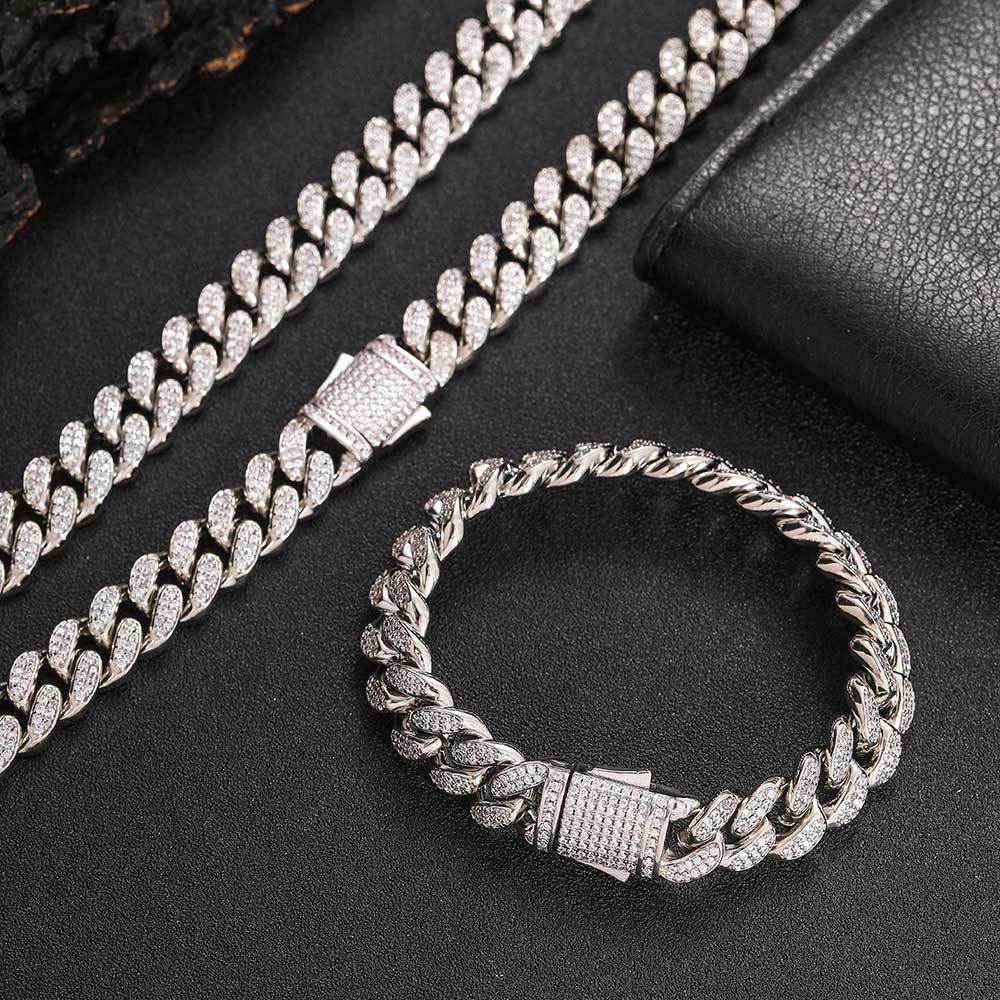 Collier et Bracelet en Zircon à Double rangée, ornement Hip Hop européen, attache à ressort de 12mm