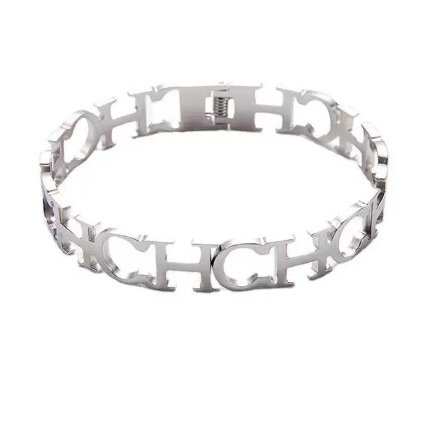 Bracelet à lettres en acier inoxydable, niche, ne se décolore pas, en forme d'œuf, fermeture à ressort creuse