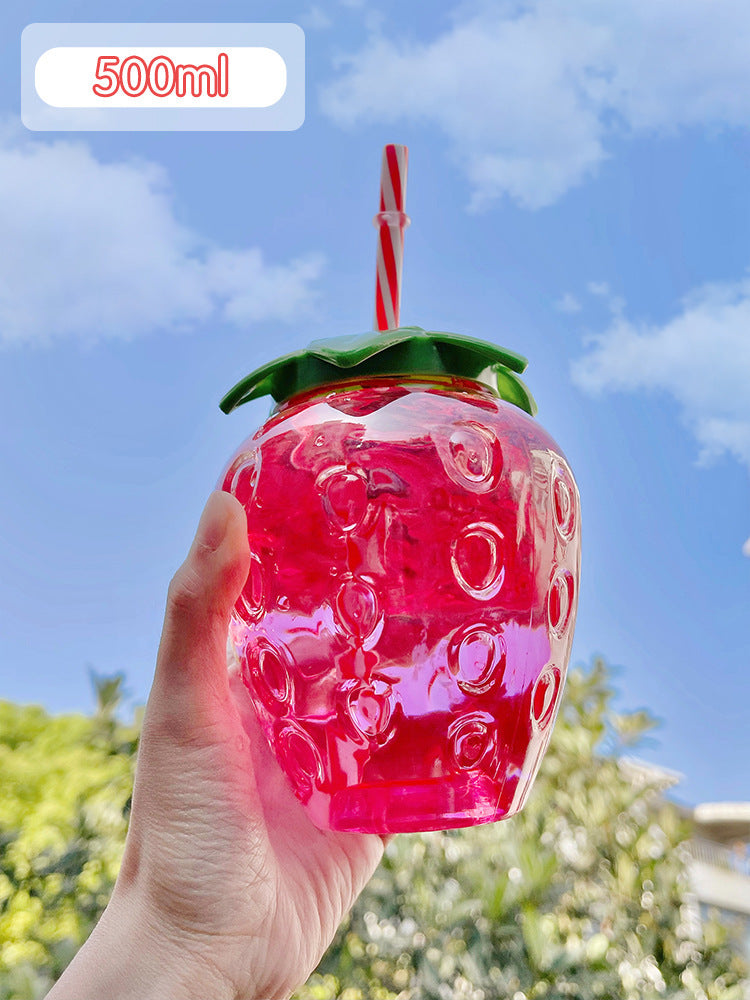 Botella de agua de fresa Kawaii de 500ml, botella de agua con pajita de fresa, taza de paja de café y leche PP, vajilla para zumo, cocina