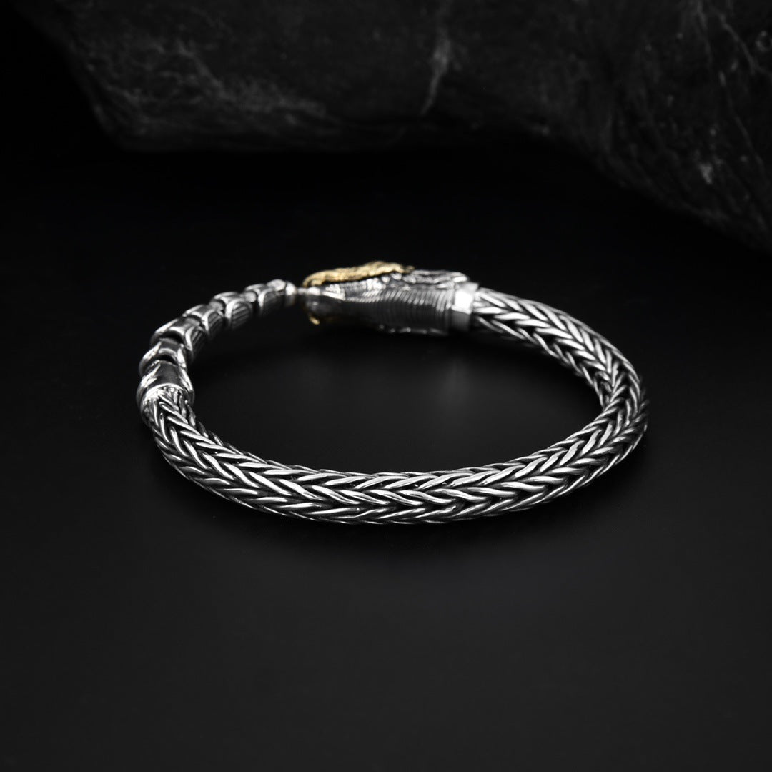 Bracelet personnalisé dragon en argent sterling entrant dans la mer rétro en détresse