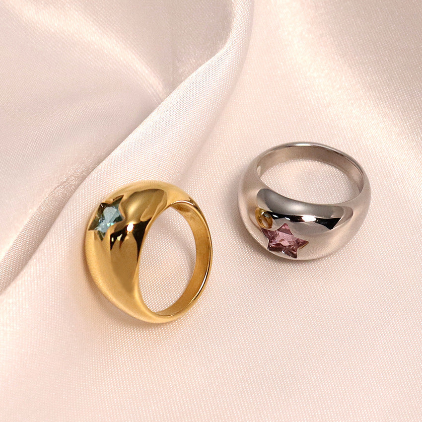 Fashion Titanium Steel Gold Pentagram Zircon Micro-inlaid Design Ring