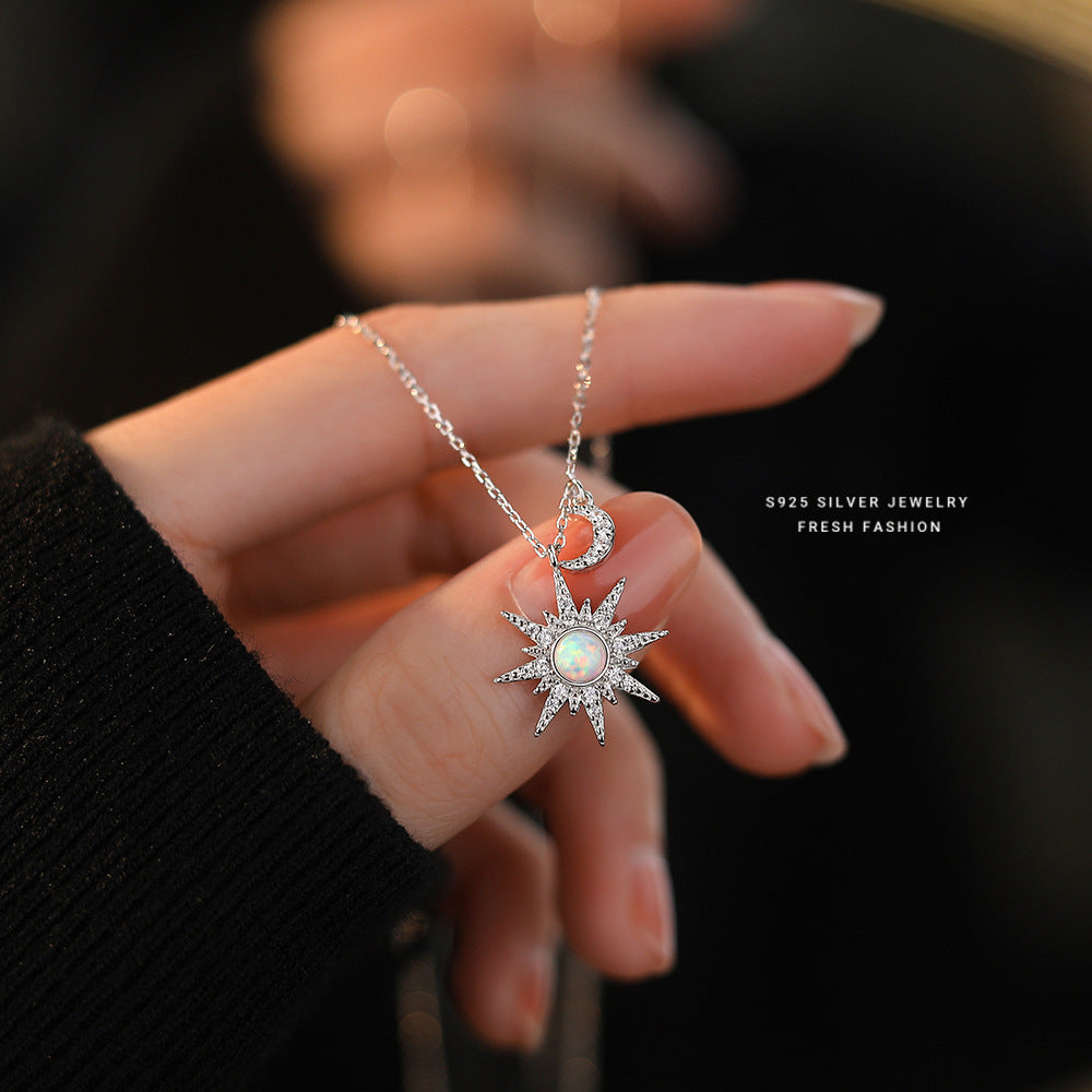 S925 Sterling Silver Eight Awn Star Moon Tooth Opal Stone Necklace