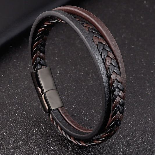 Bracelet en cuir pour hommes en acier titane double couche